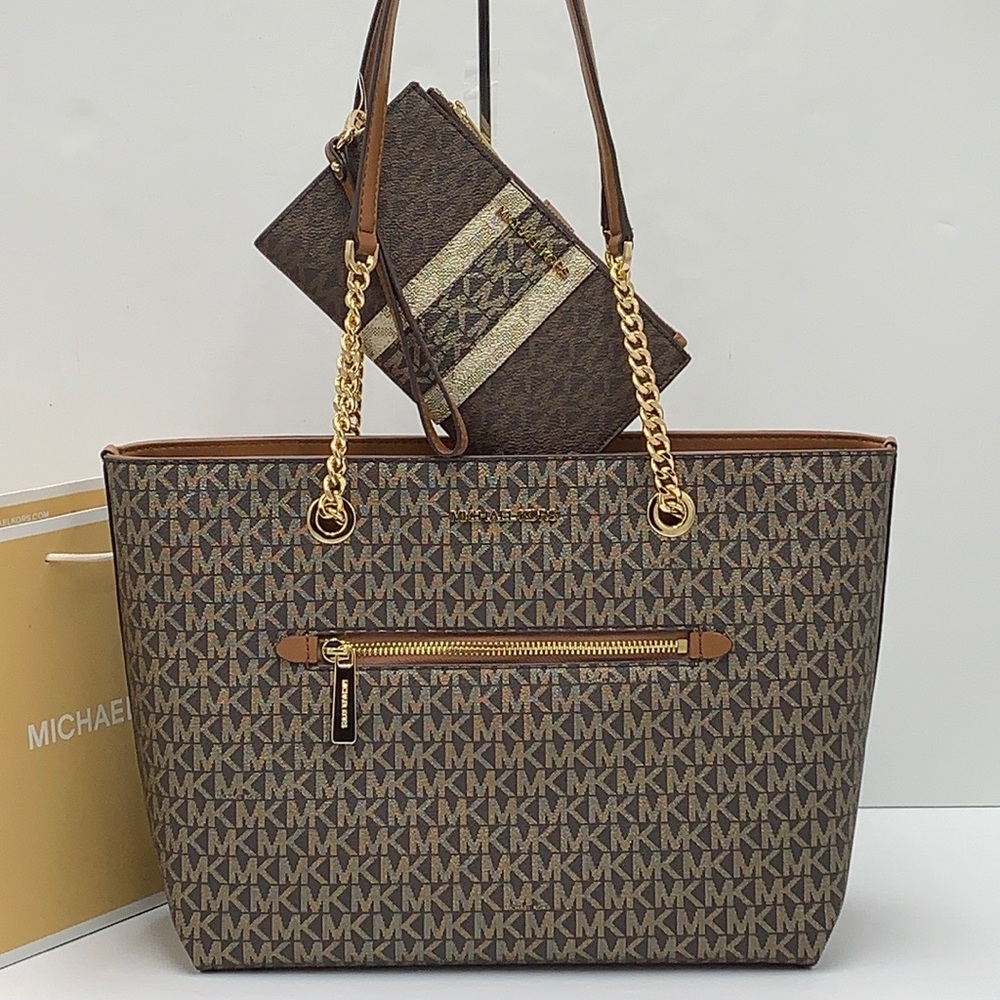 MICHAEL KORS Metallic Logo Chain Tote Bag & LARGE DOUBLE ZIP WRISTLET WALLET - Picture 8 of 16